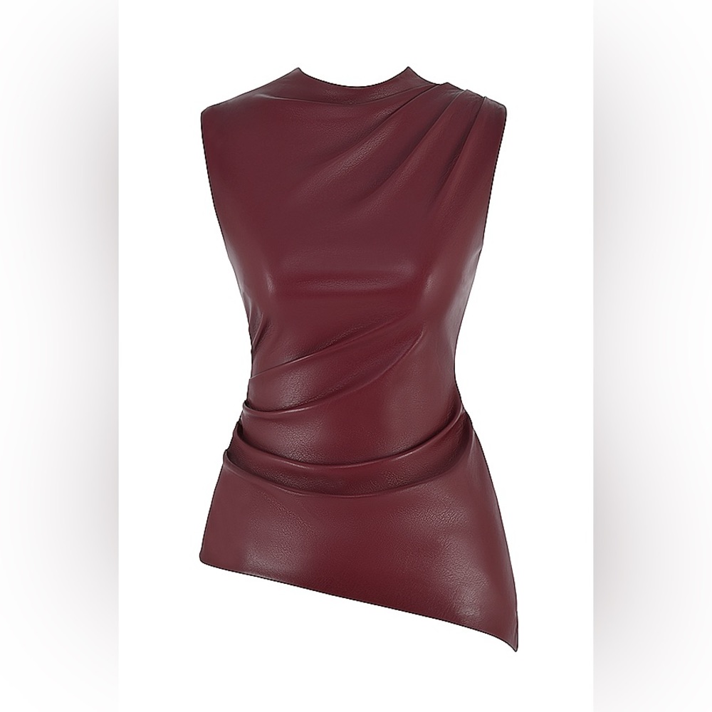 House of CB Asymmetric Draped Faux Leather Crop Top in Burgundy